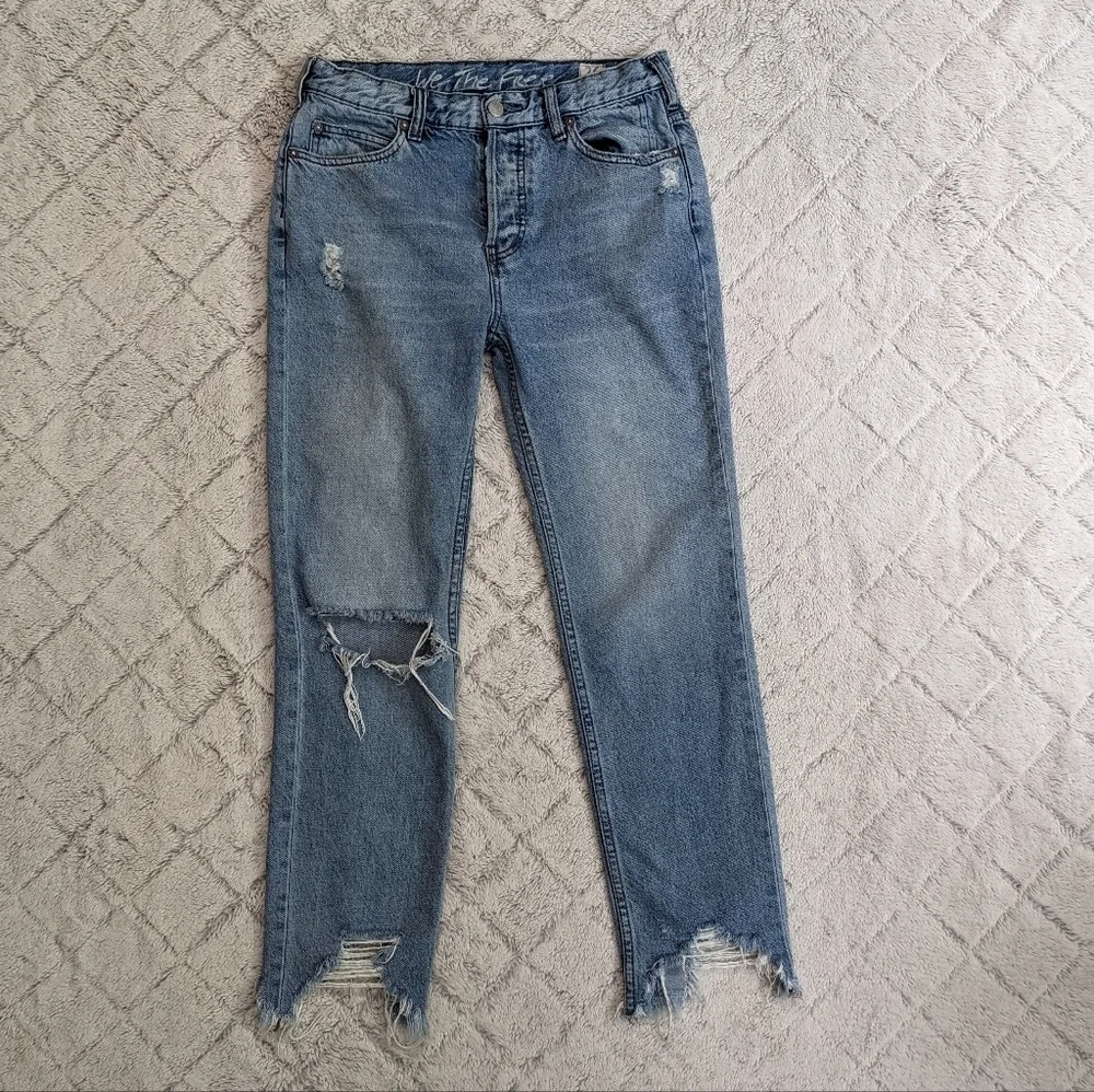 We The Free People Chewed Up Mid Rise Straight Jeans Women's 26 Indigo Blue